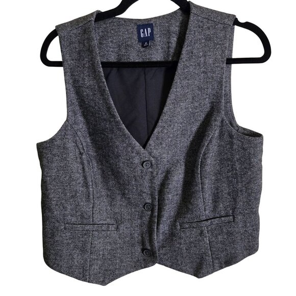 GAP Gray Herringbone Cropped Wool Blend Tweed Vest Trending Classic Size M - Picture 2 of 7